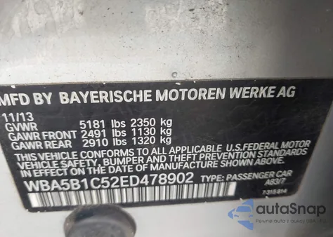 2014 BMW 535I from USA, damaged, VIN WBA5B1C52ED478902